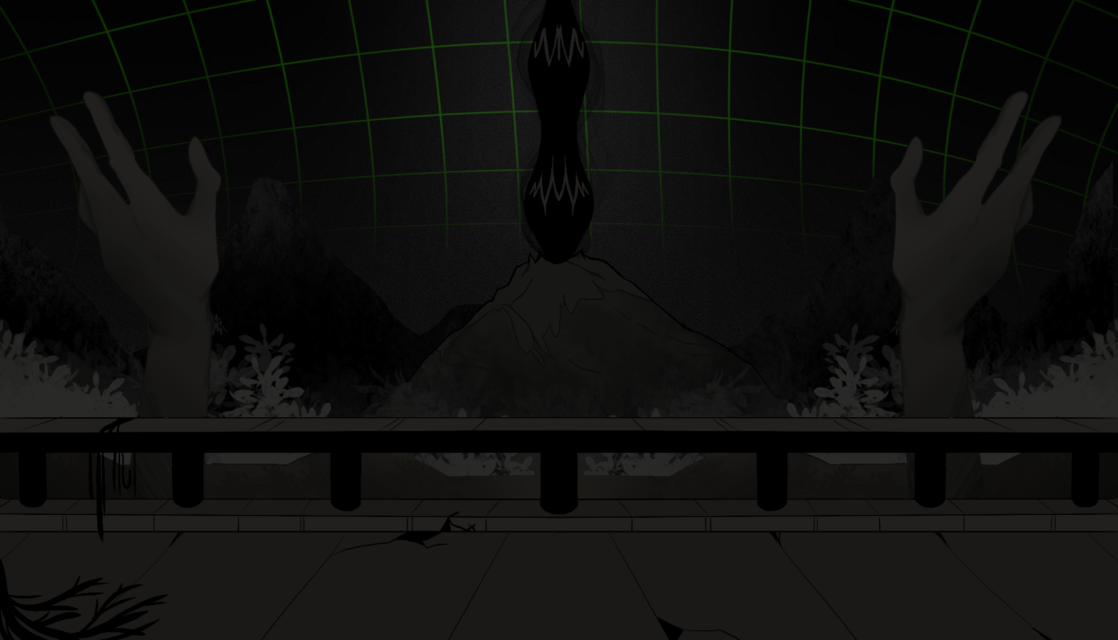 Room design. A railing protects you from a landscape beyond. The sky is a grid. There is a mountain far away, a Dark Fountain spewing darkness atop it, and two hand-shaped towers a bit closer.